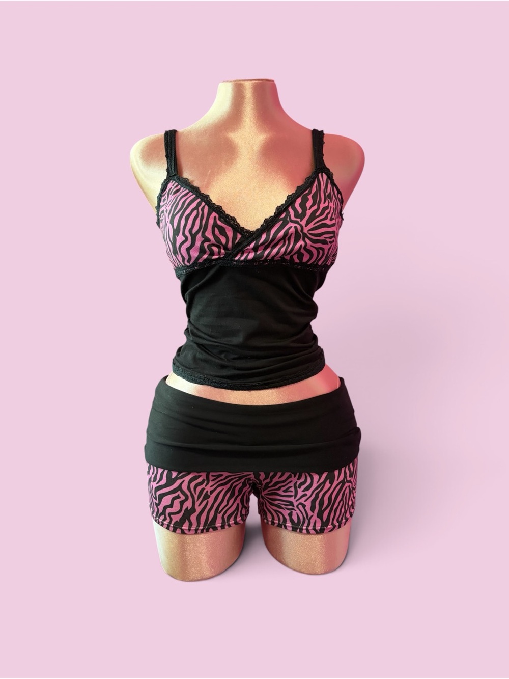 Pink Zebra-Print Lace Trim Cami & Shorts Sleep Set